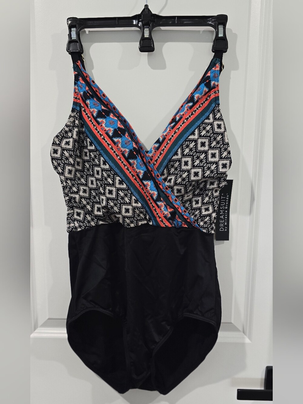 Dreamsuit Black One-Piece Women's Swimsuit with Geometric Print - Size 12 NWT